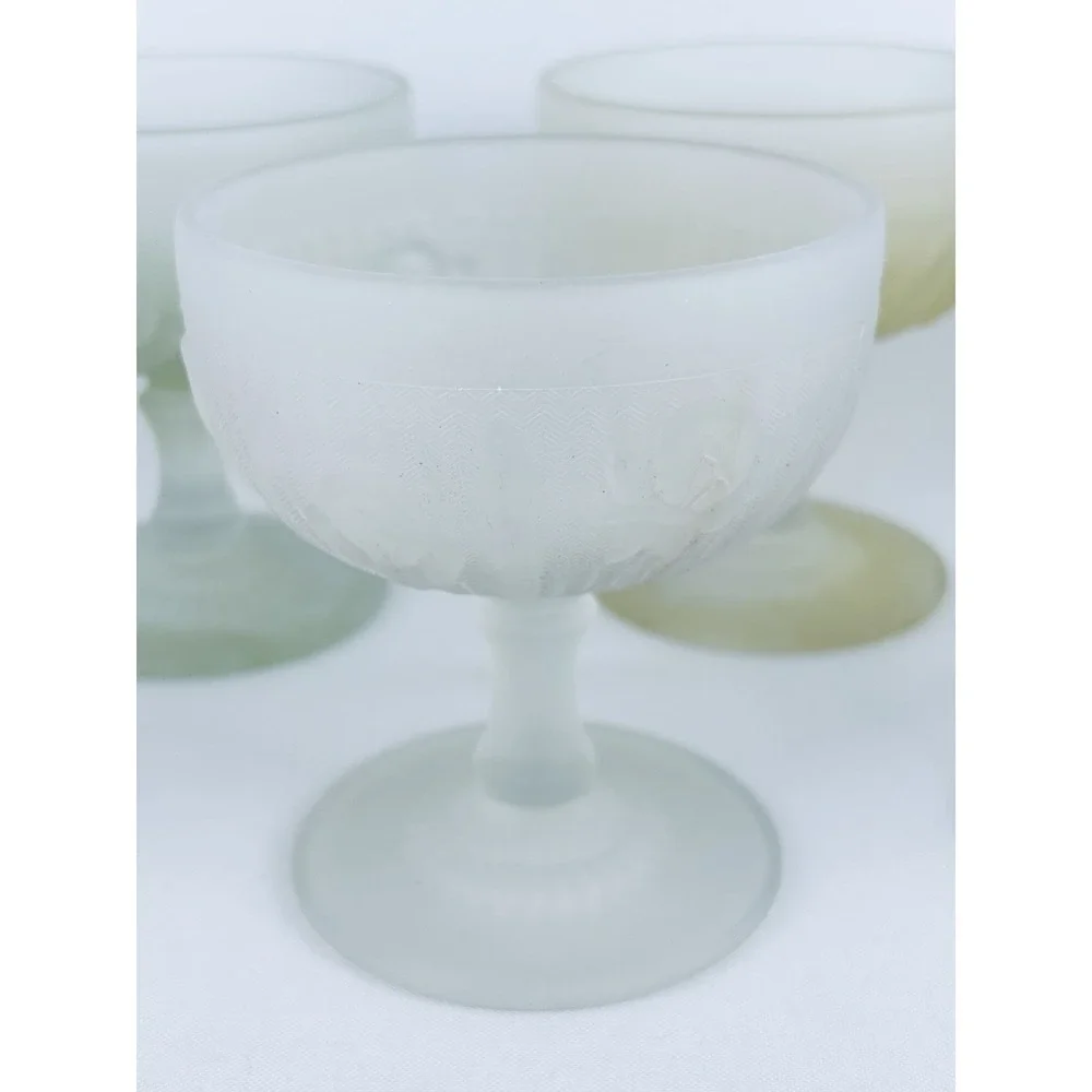 VTG Set 8 Jeanette Glass Frosted Iris & Herringbone Goblets Champagne Sherbet